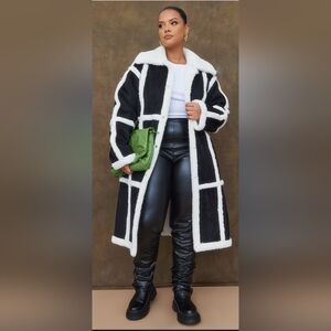 Prettylittlething Plus Black Faux Suede Square Borg Panelled Coat